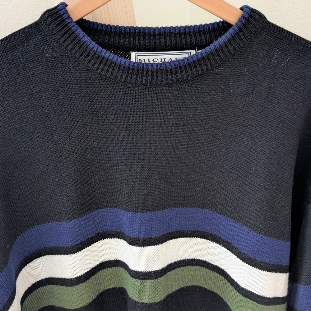 Vintage 90's Skater Striped Oversized Crewneck Sweater In Black/Navy/Green/White - Picture 5 of 9